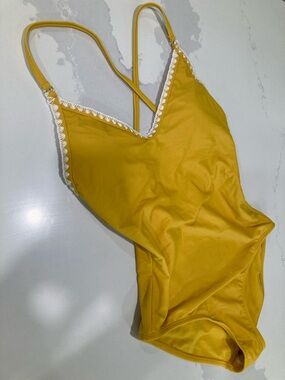 Shade & Shore Mustard Yellow One-Piece Swimsuit with White Trim